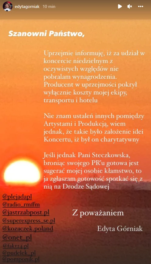 Edyta Górniak odpowiada Justynie Steczkowskiej na Instastory Edyta Górniak odpowiada Justynie Steczkowskiej na Instastory