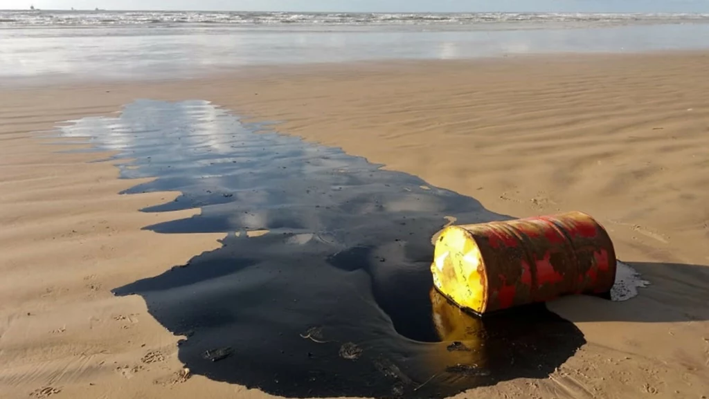 Wyciek ropy z baryłki na plaży (zdjęcie ilustracyjne).