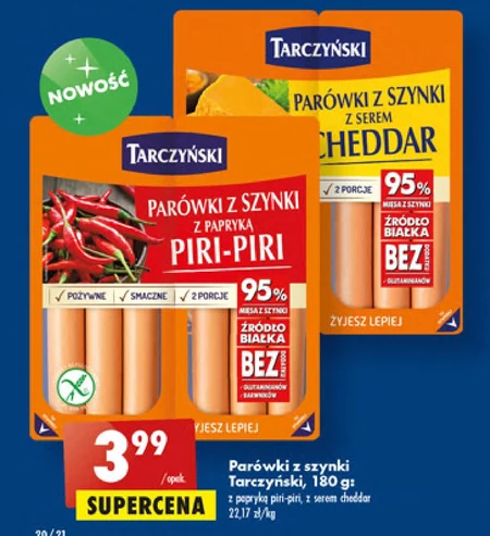 Tarczyński Parówki premium z szynki z serem cheddar 180 g (2 x 90 g)