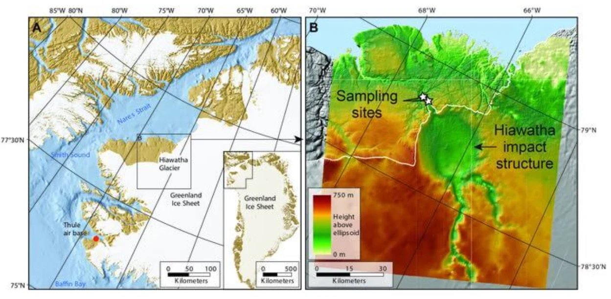 Krater Hiawatha na Grenlandii. Położenie (po lewej) oraz kształt powierzchni Ziemi (po prawej). Screen: scienceblog.com
