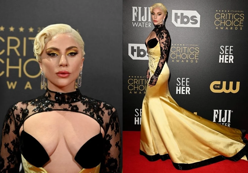 Lady Gaga w złotej sukni od Gucciego eksponuje naturalny biust na gali Critics Choice Awards w Londynie