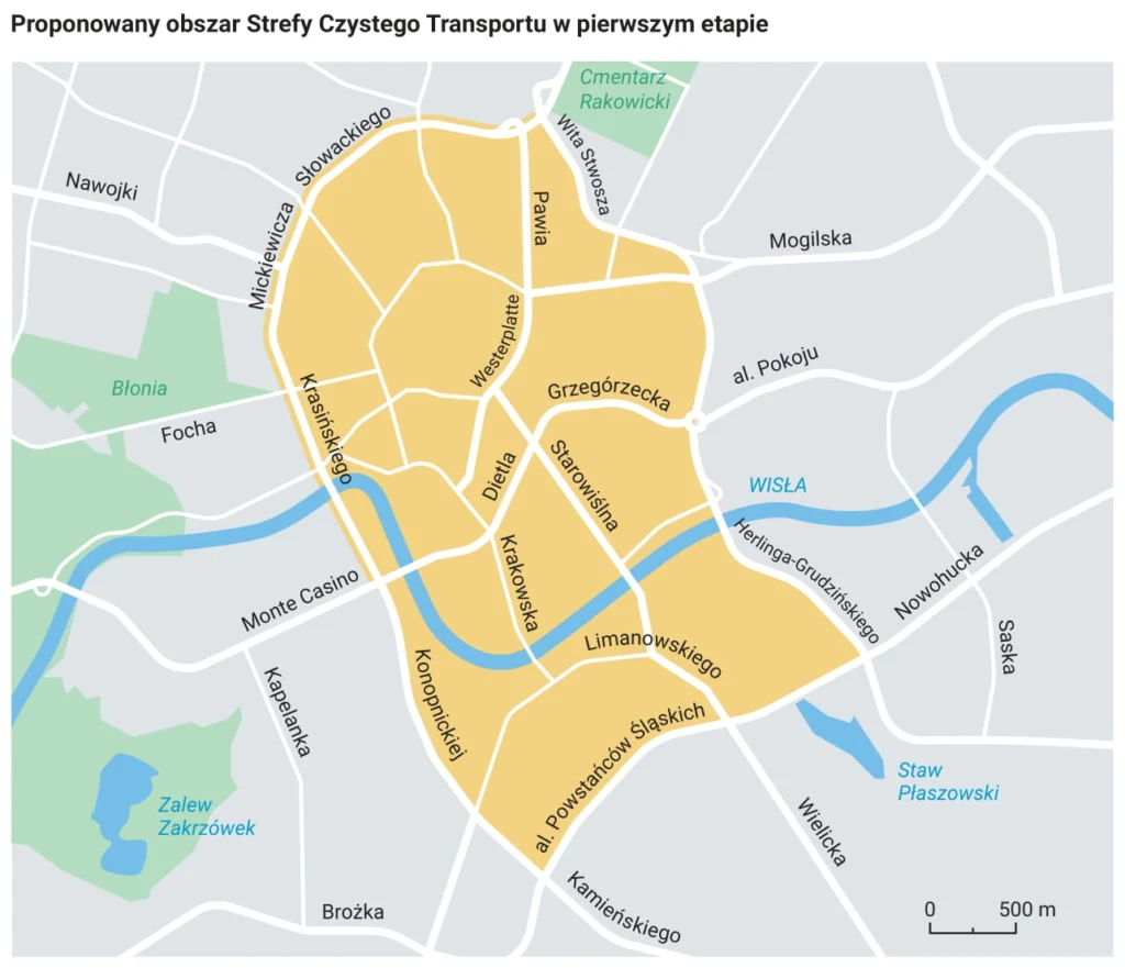 Planowany obszar strefy czystego transportu w Krakowie