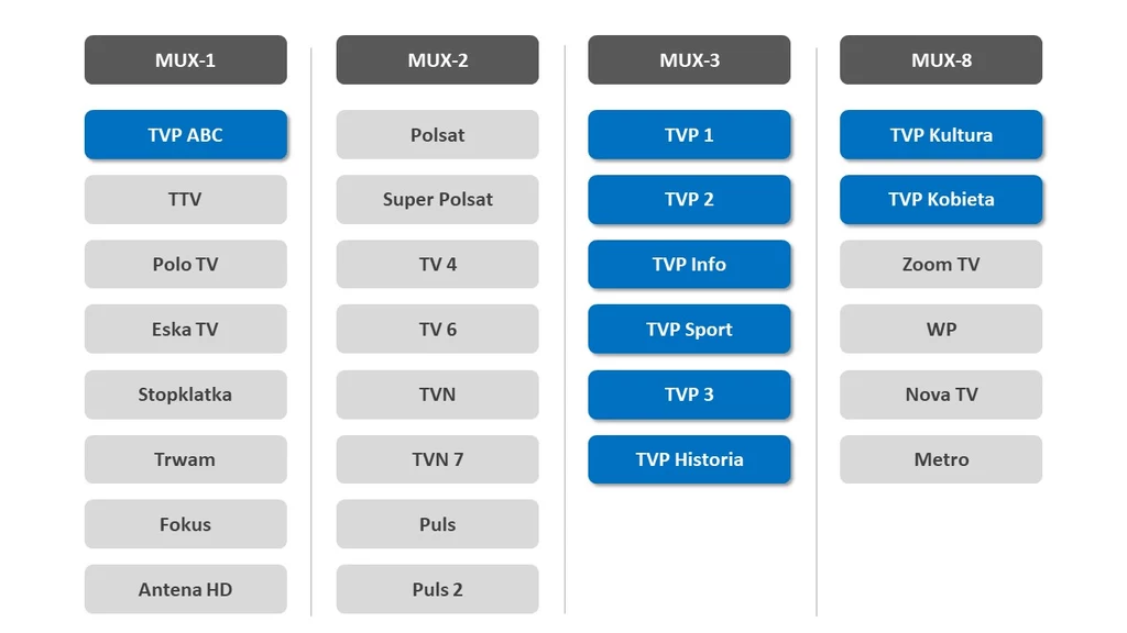 Lista kanałów podzielona na multipleksy, udostępniona na stronie telewizjanaziemna.pl.