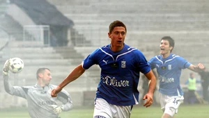 Robert Lewandowski po golu w ostatnim meczu Ekstraklasy sezonu 2009/2010, w którym Lech Poznań zdobył mistrzostwo Polski
