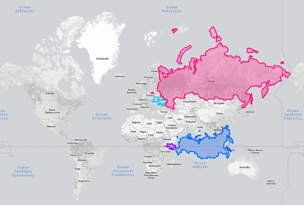 Na siatce Merkatora Rosja wygląda na większą nawet od kontynentów. Rzeczywistość jest jednak inna