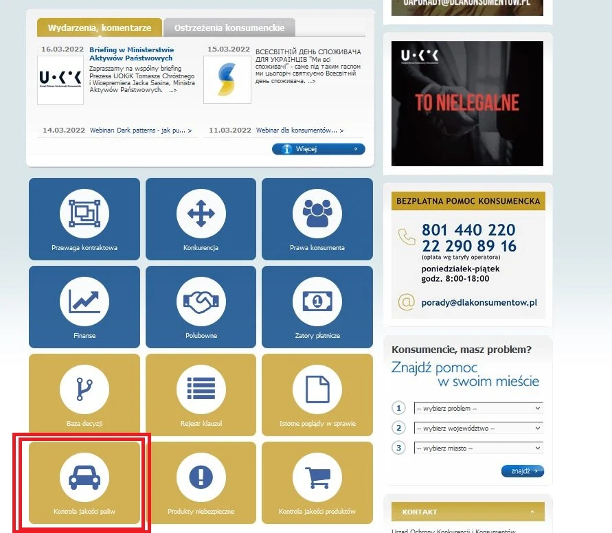 Do zakładki "Kontrola jakości paliw" trafimy wprost ze strony głównej UOKiK Do zakładki "Kontrola jakości paliw" trafimy wprost ze strony głównej UOKiK