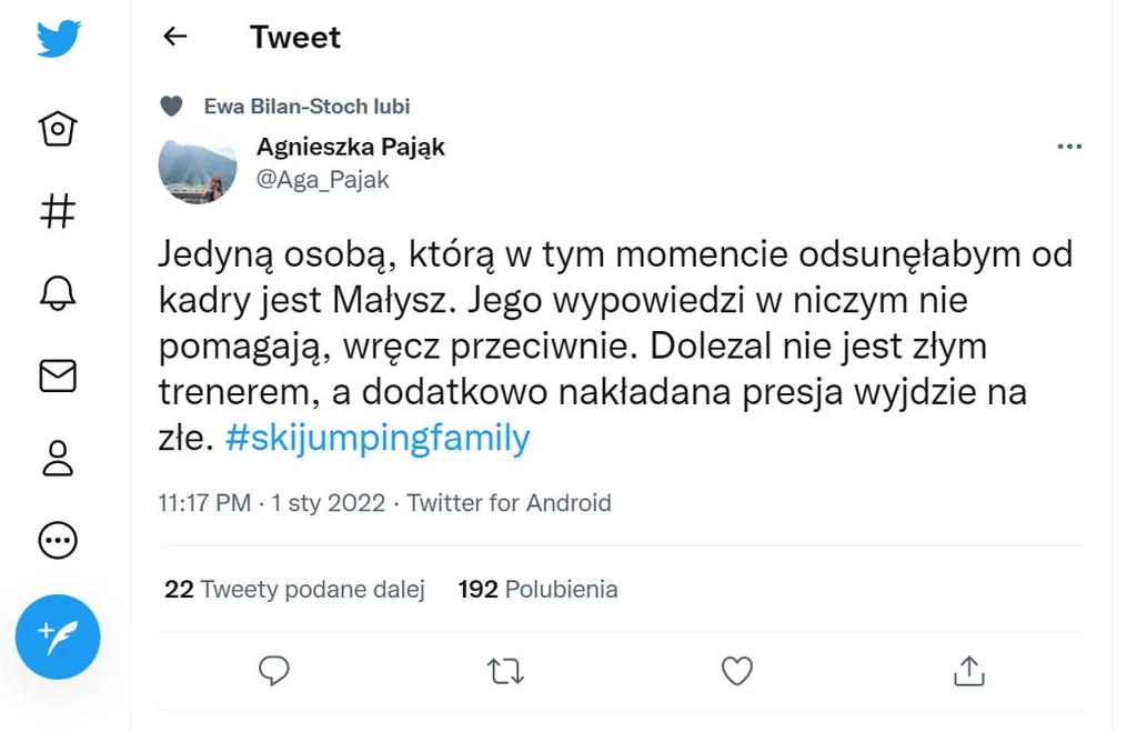 Ewa Bilan-Stoch lajkowała komentarze krytykujące Adama Małysza Ewa Bilan-Stoch lajkowała komentarze krytykujące Adama Małysza