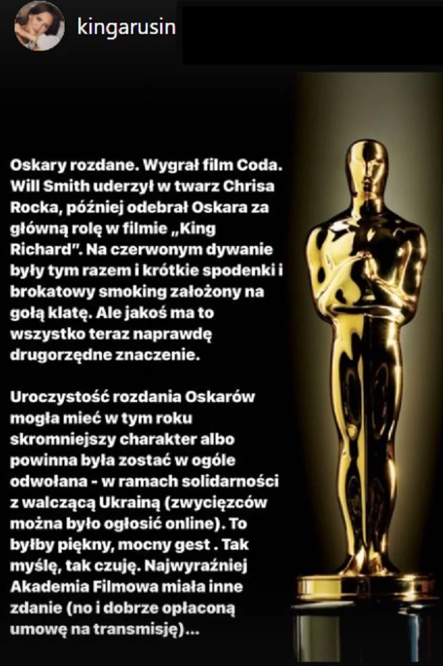 Kinga Rusin wyraziła swoją opinię odnośnie tegorocznych Oscarów 
