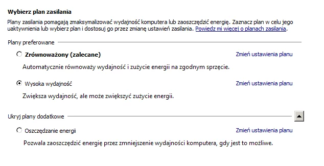 Plan zasilania warto przestawić na wydajnościowy Plan zasilania warto przestawić na wydajnościowy