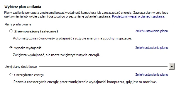 Plan zasilania warto przestawić na wydajnościowy