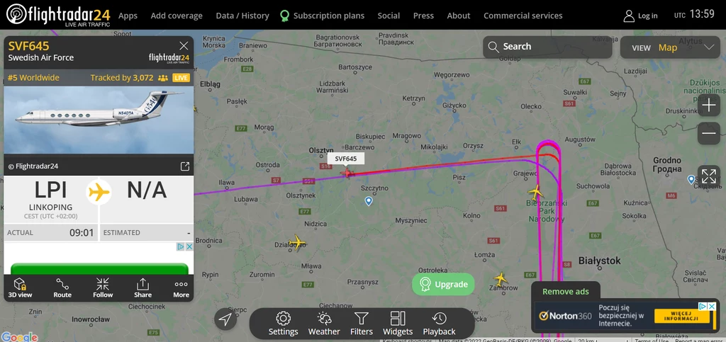 Szwedzki samolot zwiadowczy GulfStream na FlightRadar