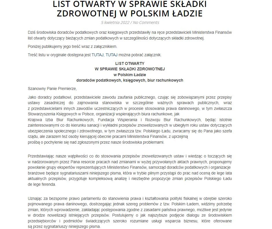LIST OTWARTY W SPRAWIE SKŁADKI ZDROWOTNEJ