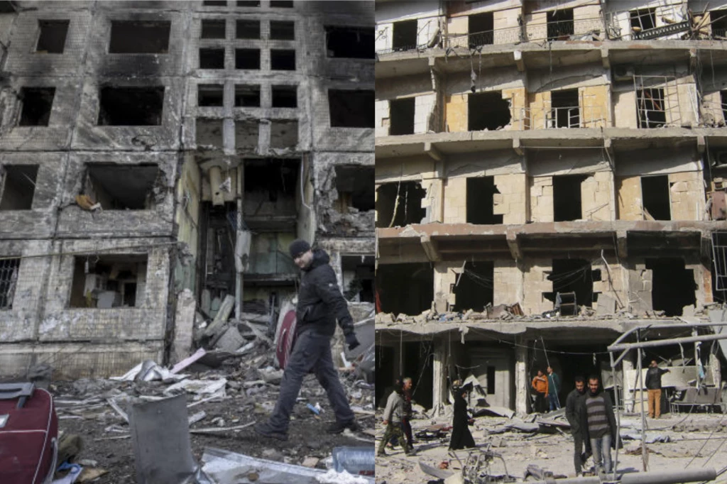 Bomby na Kijów (z lewej) spadają tak samo, jak na Aleppo (z prawej)
