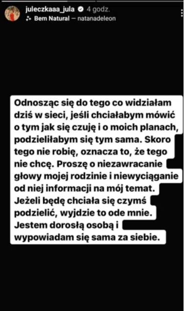 Julia Wróblewska komentuje doniesienia na swój temat / Instagram @juleczkaaa_jula