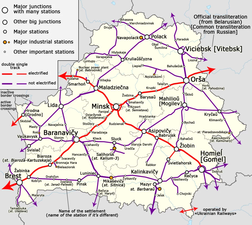 Z Białorusi do Ukrainy prowadzi kilka niezelektryfikowanych linii kolejowych