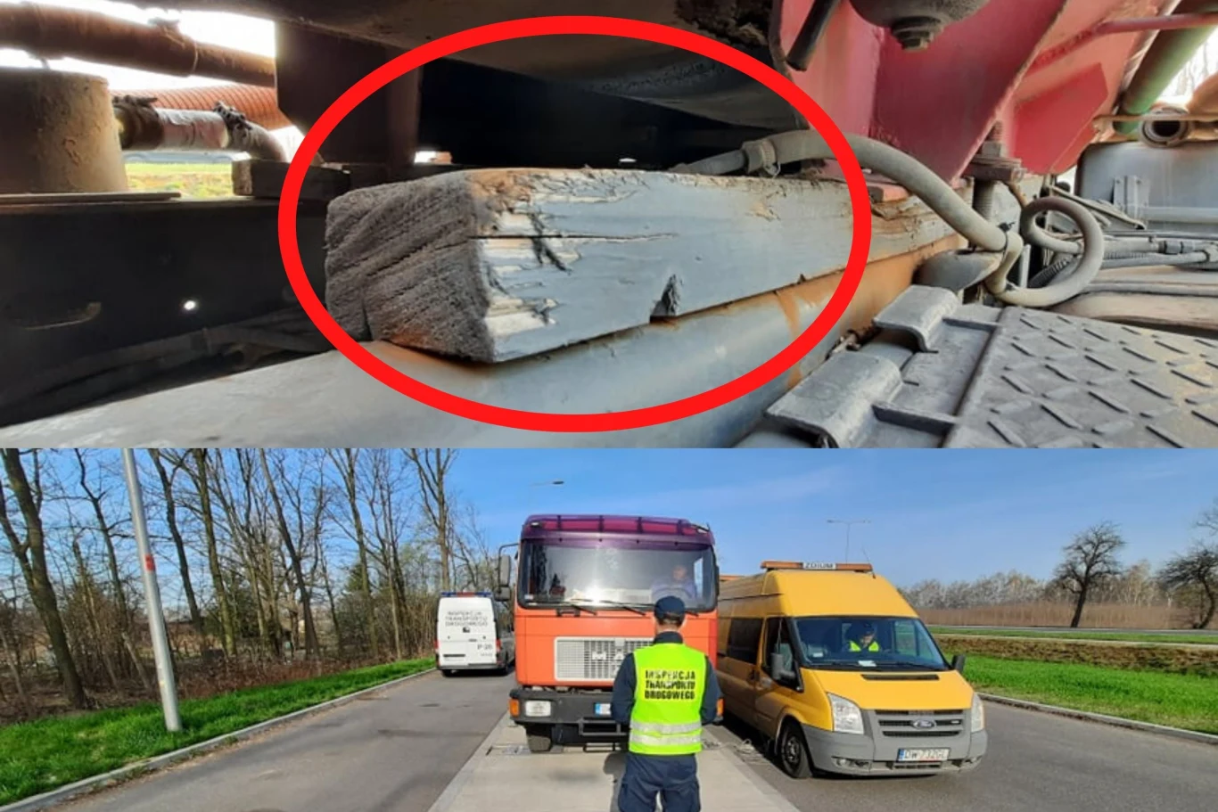 Szambiarz-kaskader wpadł w ręce inspektorów ITD we Wrocławiu. Za ramę pomocniczą zabudowy MAN-a służyły... drewniane belki Szambiarz-kaskader wpadł w ręce inspektorów ITD we Wrocławiu. Za ramę pomocniczą zabudowy MAN-a służyły... drewniane belki