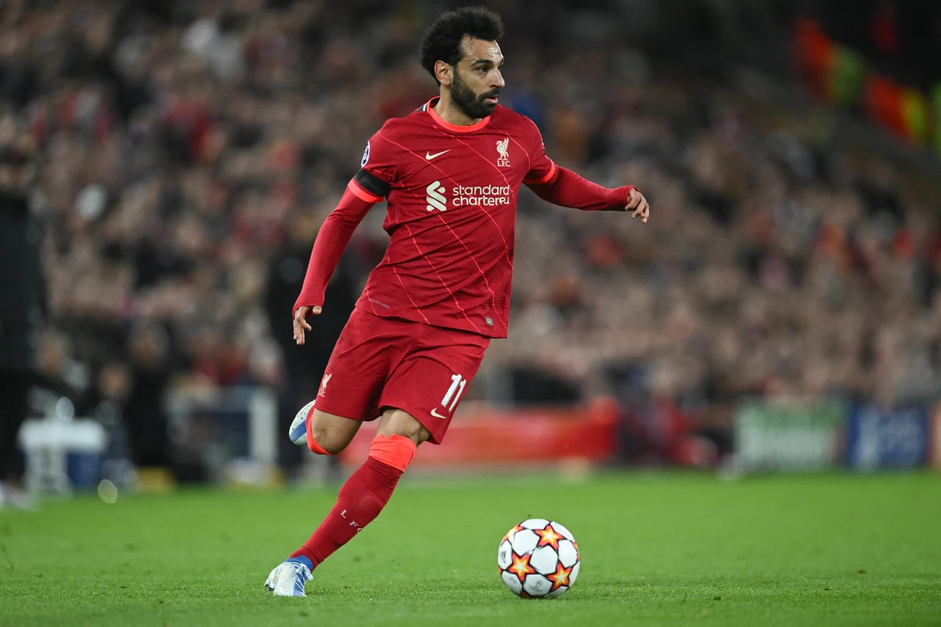 Liverpool's Egyptian midfielder Mohamed Salah controls the ball during the UEFA Champions League quarter final second leg football match between Liverpool and Benfica at the Anfield stadium, in Liverpool, on April 13, 2022. Paul ELLIS / AFP