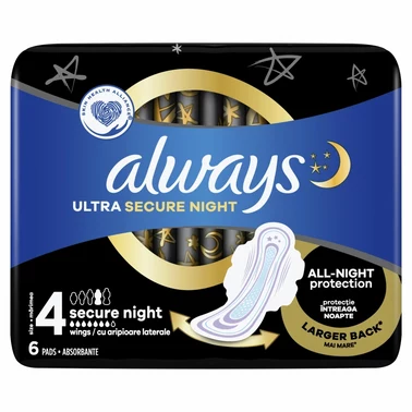 Always Ultra Podpaski Secure Night (rozmiar 4) ze skrzydełkami x6 - 5