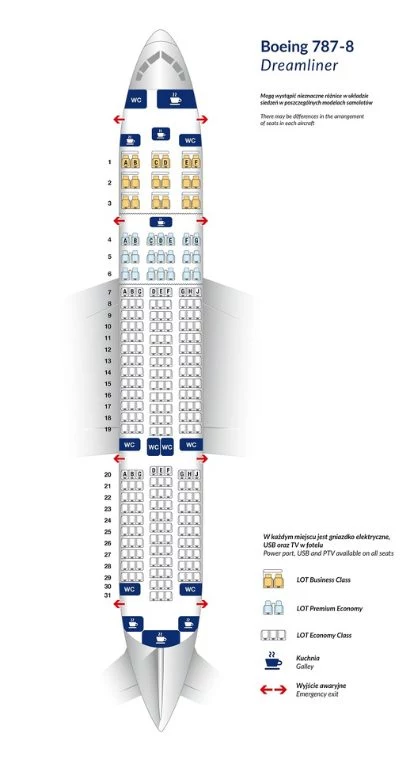 Boeing 787 Dreamliner: Rozkład miejsc w modelu B787-8.