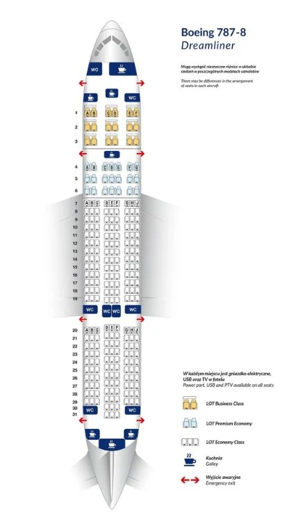 Boeing 787 Dreamliner: Rozkład miejsc w modelu B787-8.