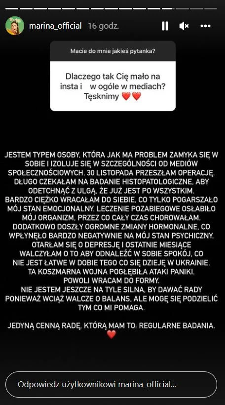 Marina o problemach zdrowotnych na Instagramie Marina o problemach zdrowotnych na Instagramie
