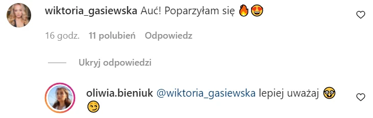 Komentarz pod postem Bieniuk na IG @oliwia.bieniuk/