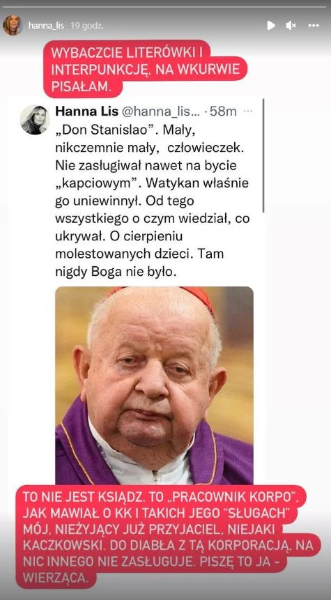 Hanna Lis krytykuje Stanisława Dziwisza Hanna Lis krytykuje Stanisława Dziwisza