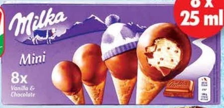 Milka Mini rożki waflowe wypełnione lodami o smaku waniliowym 200 ml (8 x 25 ml)