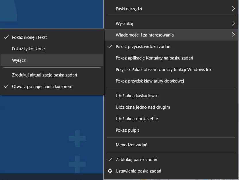 Wyłączenie ikony „Wiadomości i zainteresowania” z paska zadań w Windows 10