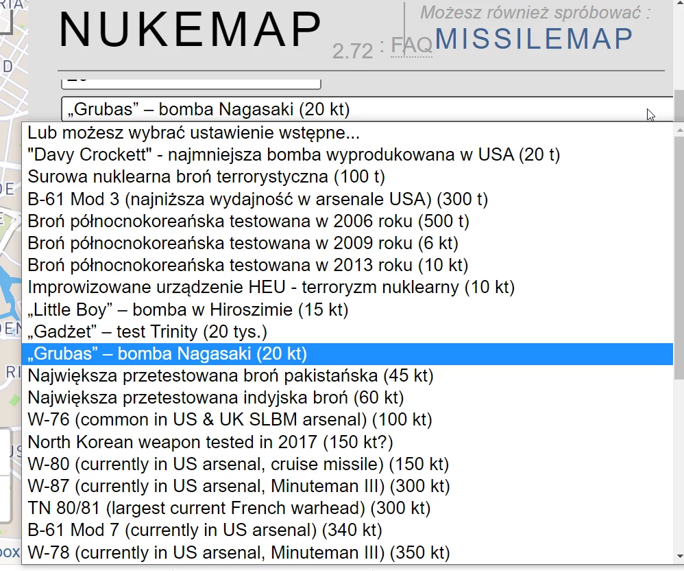 Nukemap proponuje symulacje najpopularniejszych ładunków jądrowych posiadanych przez mocarstwa atomowe