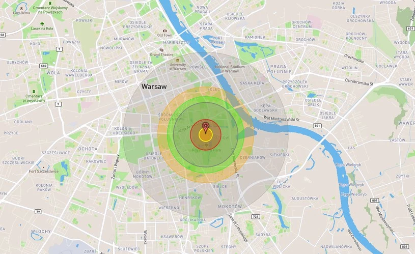 Symulacja wybuchu bomby atomowej w Warszawie o sile 15 kiloton