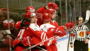 Polscy hokeiści fetują zwycięstwo nad Japonią 