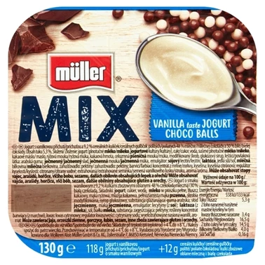 Müller Mix Jogurt o smaku waniliowym z kulkami zbożowymi oblanymi czekoladą mlecznej i białą 130 g - 1