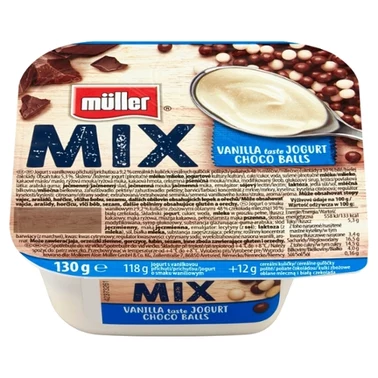 Müller Mix Jogurt o smaku waniliowym z kulkami zbożowymi oblanymi czekoladą mlecznej i białą 130 g - 0