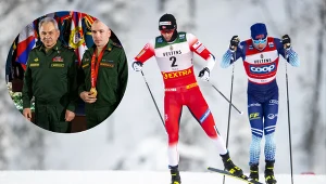 Aleksiej Czerwotkin z Siergiejem Szojgu (w kole) i Emil Iversen (po prawej w czerwonym stroju)