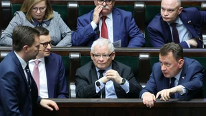 Posiedzenie Sejmu. N/z: Łukasz Schreiber, Mateusz Morawiecki, Jarosław Kaczyński, Mariusz Błaszczak