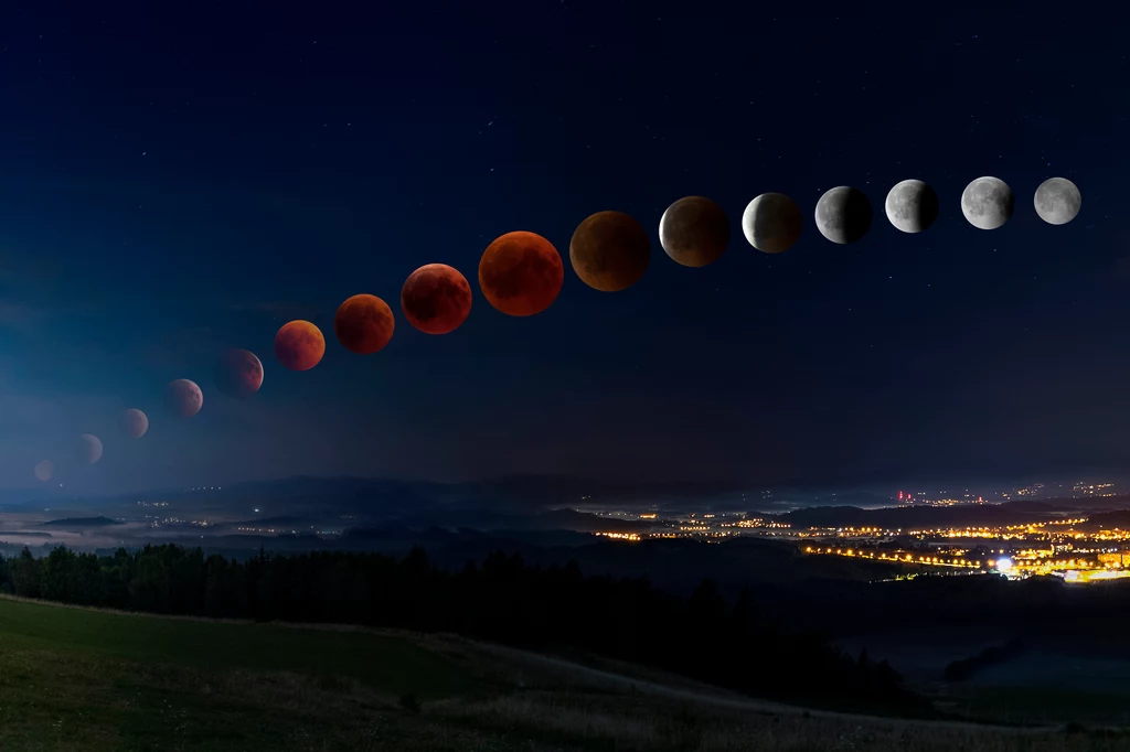 Etapy całkowitego zaćmienia Księżyca ukazane na jednej fotografii