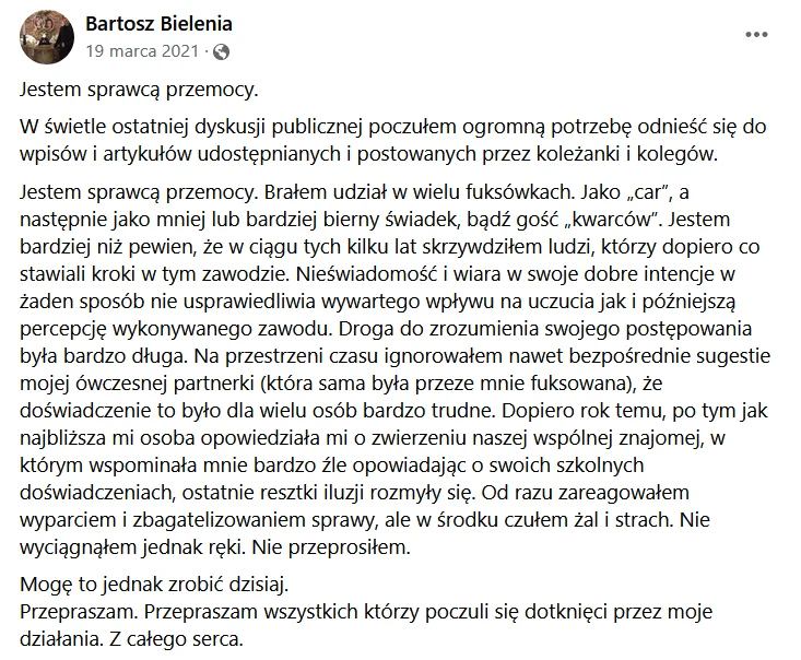 Fragment wpisu Bartosza Bieleni na Facebooku