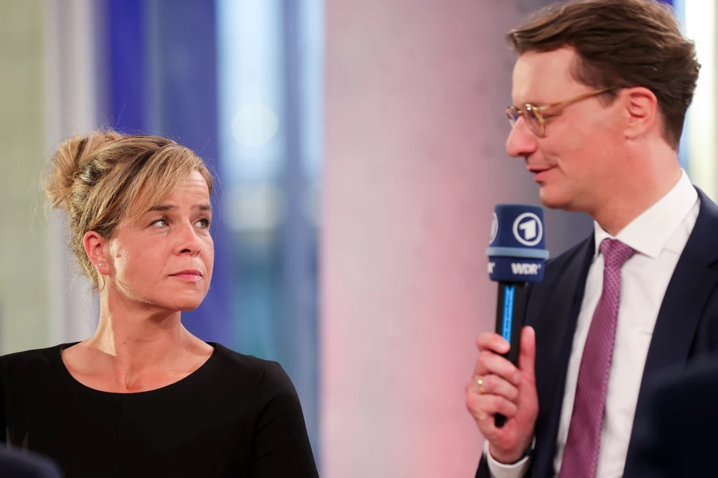 Premier Nadrenii Północnej-Westfalii i czołowy kandydat CDU w wyborach Hendrik Wuest i przewodnicząca Partii Zielonych Mona Neubaur Premier Nadrenii Północnej-Westfalii i czołowy kandydat CDU w wyborach Hendrik Wuest i przewodnicząca Partii Zielonych Mona Neubaur