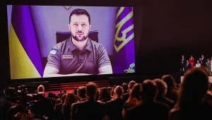 Wołodymyr Zełenski przemawia do gości festiwalu w Cannes