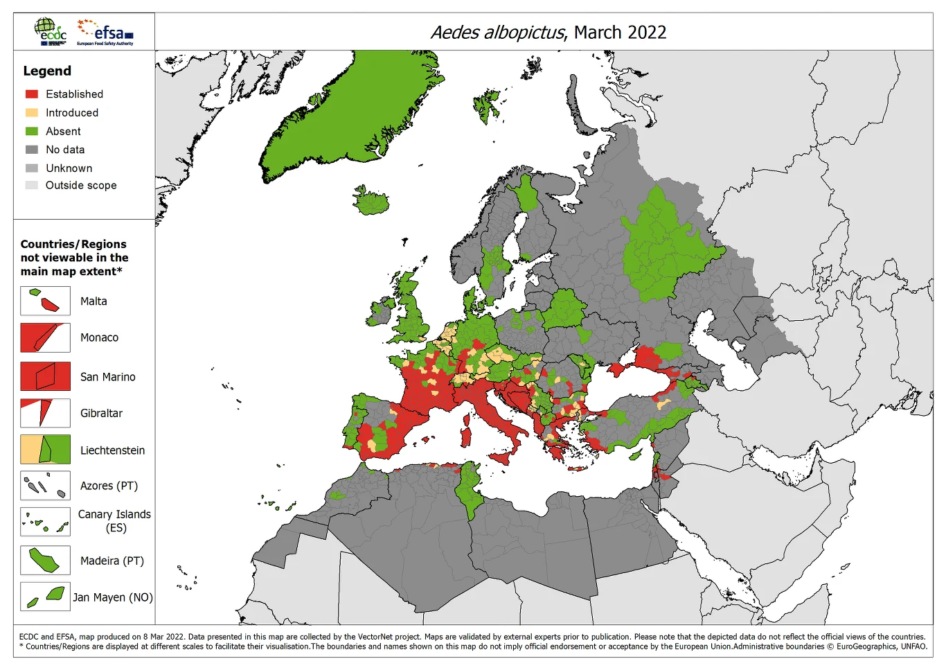 Komar tygrysi w Europie. Porównawcza mapa ECDC z 2022 roku Komar tygrysi w Europie. Porównawcza mapa ECDC z 2022 roku