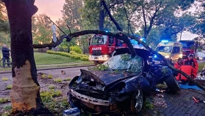 Samochód osobowy uderzył w drzewo. Jedna osoba poszkodowana. Jedna ofiara śmiertelna