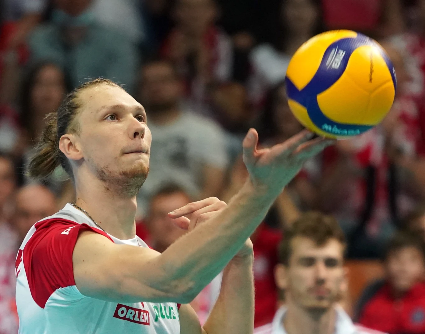 Poland's Jakub Kochanowski plays a ball during the EuroVolley 2021 3rd place match Poland v Serbia on September 19, 2021 in Katowice. JANEK SKARZYNSKI / AFP