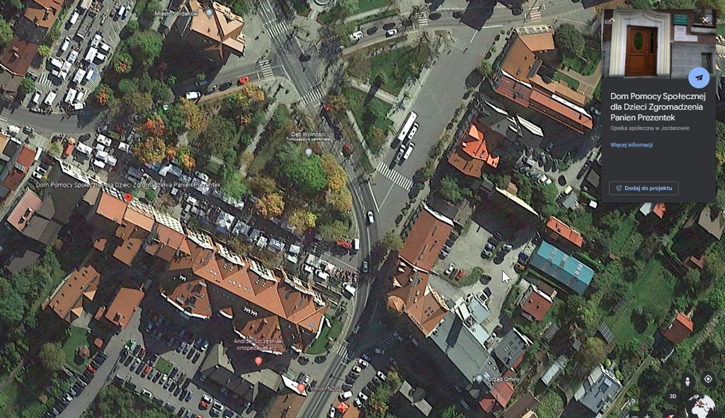 Z zdjęciu zaznaczony budynek DPS w Jordanowie; źródło: Google earth Z zdjęciu zaznaczony budynek DPS w Jordanowie; źródło: Google earth