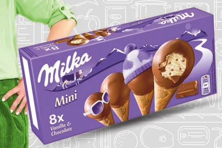 Milka Mini rożki waflowe wypełnione lodami o smaku waniliowym 200 ml (8 x 25 ml)