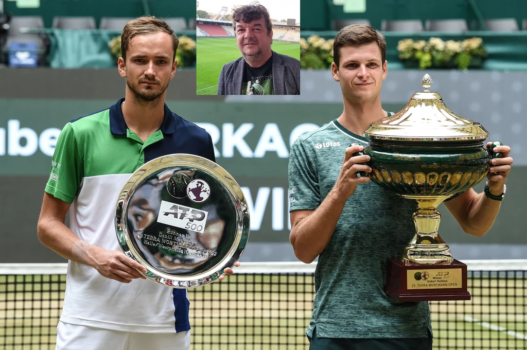 Hubert Hurkacz (z prawej) pokonał w finale turnieju w Halle Daniiła Miedwiediewa (z lewej). Piotr Robert Radwański (w środku) uważa to za dobry prognostyk przed turniejem na niemal identycznej nawierzchni na Wimbledonie Hubert Hurkacz (z prawej) pokonał w finale turnieju w Halle Daniiła Miedwiediewa (z lewej). Piotr Robert Radwański (w środku) uważa to za dobry prognostyk przed turniejem na niemal identycznej nawierzchni na Wimbledonie