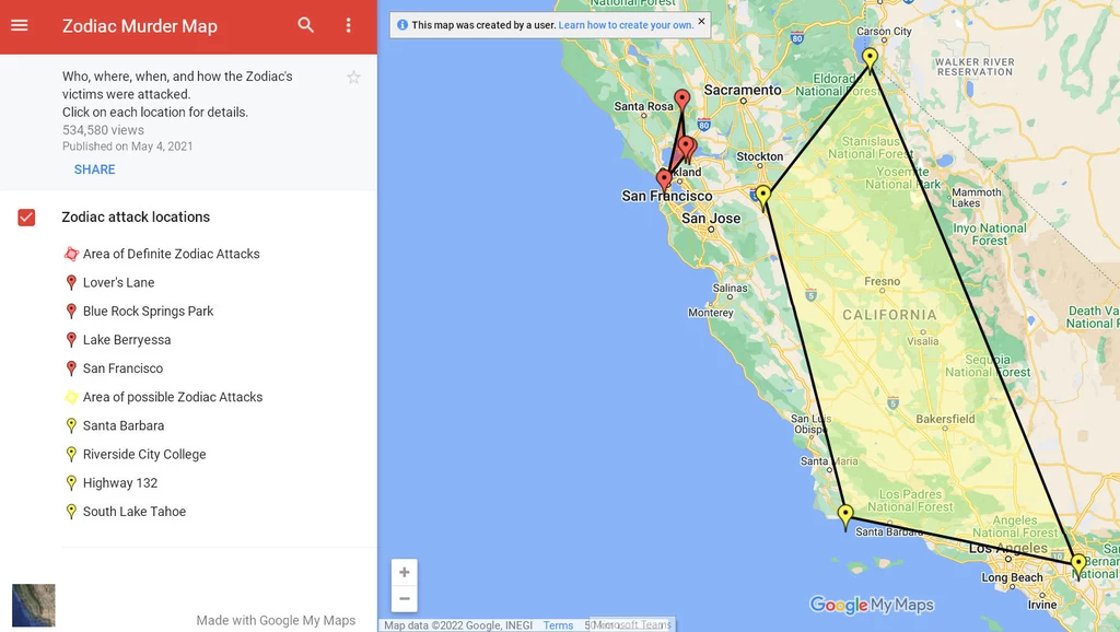 Wirtualna mapa, z której dowiedzieć można się więcej o miejscach ataków Zodiaka