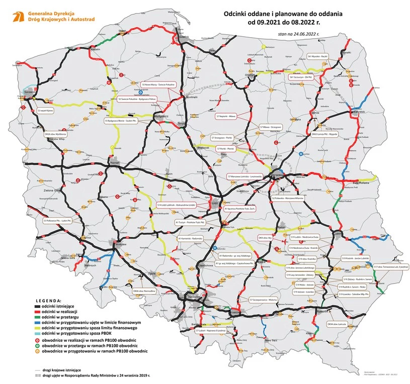 Wraz z rozpoczęciem wakacji, GDDKiA udostępniła mapę, na której możemy znaleźć odcinki oddane i planowane do oddania od września 2021 do sierpnia 2022roku