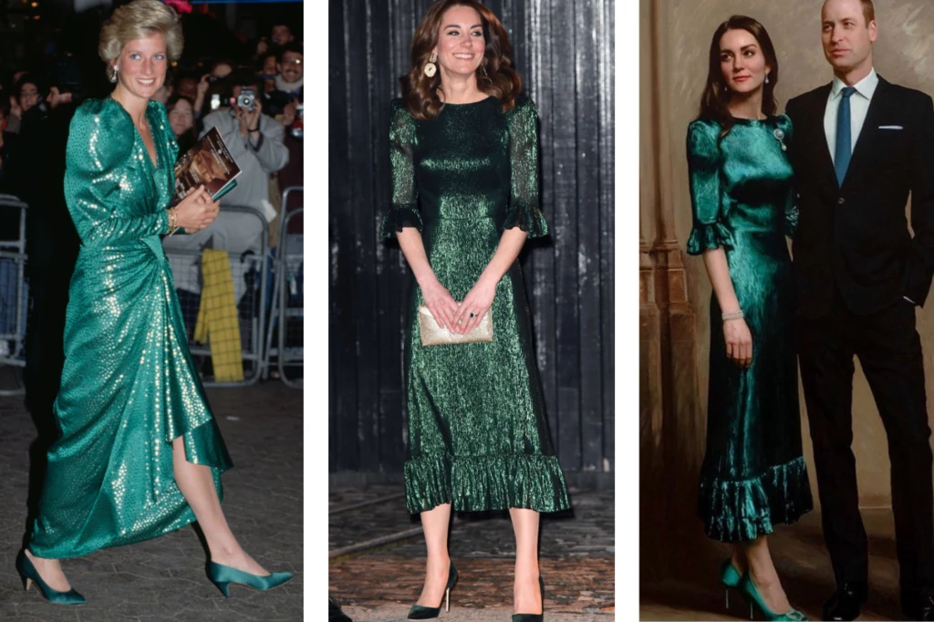 Księżna Diana w 1990 r. (Getty Images), księżna Kate w Dublinie w 2020 r. (Getty Images) oraz stylizacja Kate na portrecie (entertainmenttonight/Instagram) 