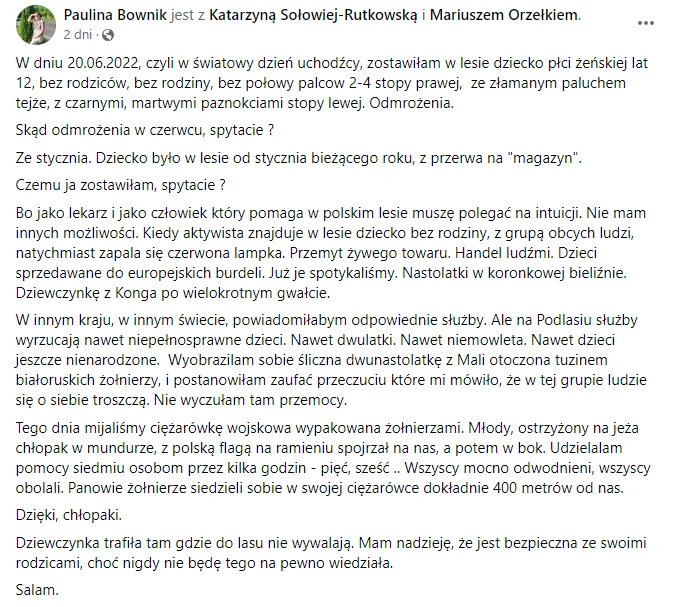 Wpis lekarki na Facebooku